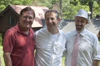 (From left) 2010 Fellow Bob Davis (Guthrie Theater), Master Teacher Barry Edelstein, and Ten Chimneys President Sean Malone enjoy a beautiful morning on the Ten Chimneys Estate.